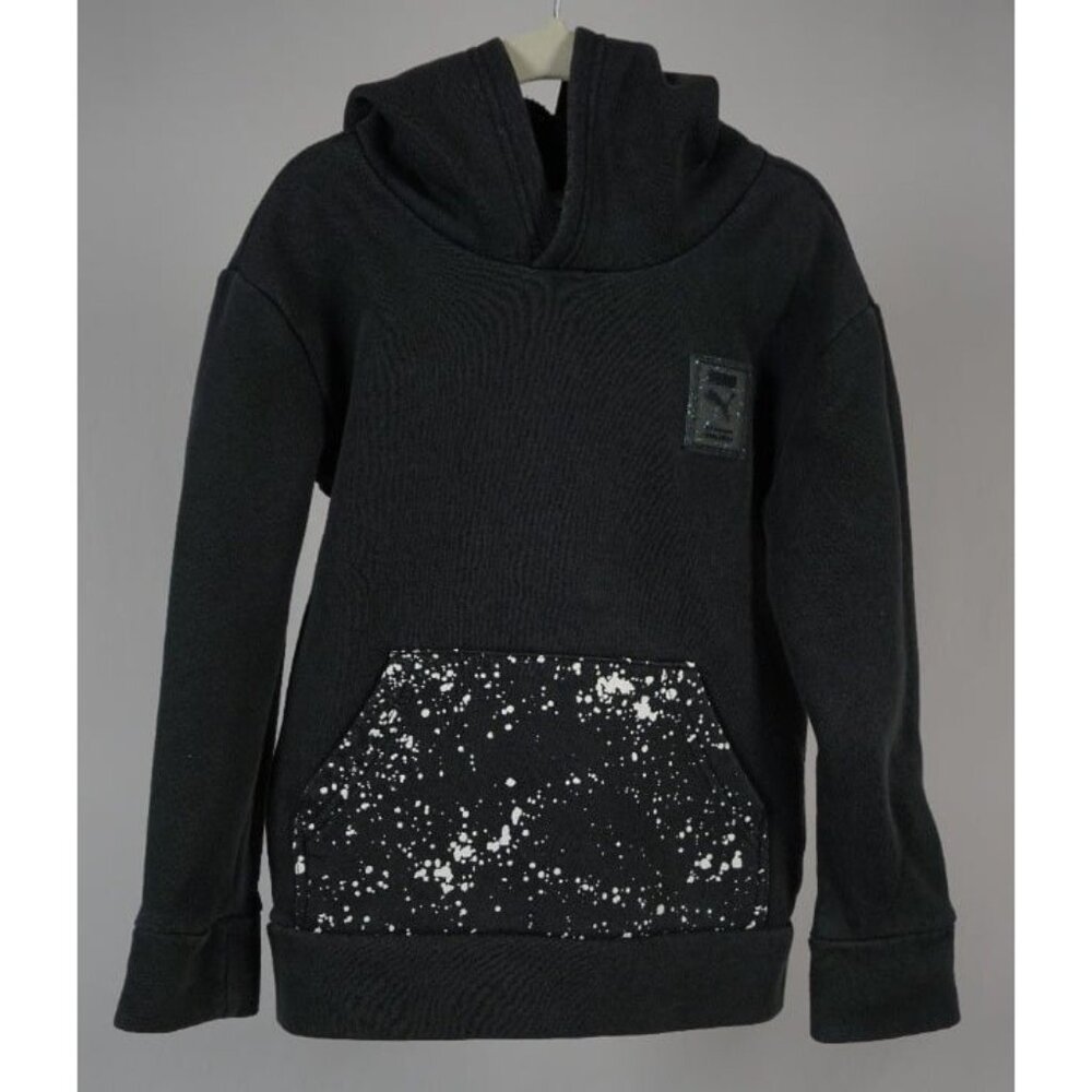 Puma Boy Splatter Pocket Fleece Hoodie Pullover Black Size 6